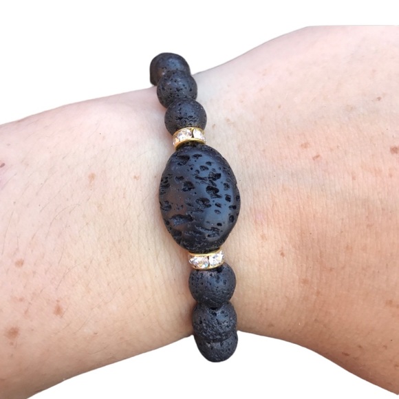 Black Lava Rock beaded stretch Bracelet - Picture 1 of 10